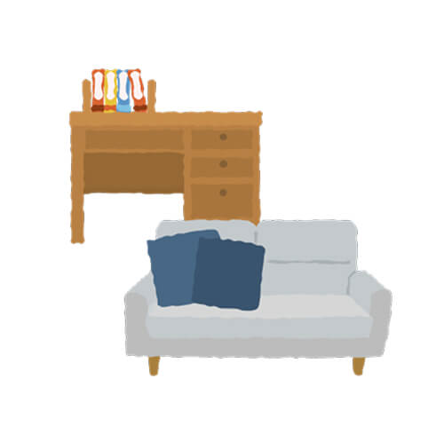 ソファと机のイラスト、大型家具の粗大ごみを表現