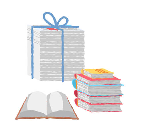 雑誌や書籍が重ねられ、ひもで束ねられているイラスト