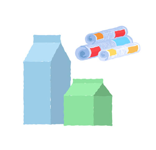 紙パックとカラフルな包装紙のイラスト